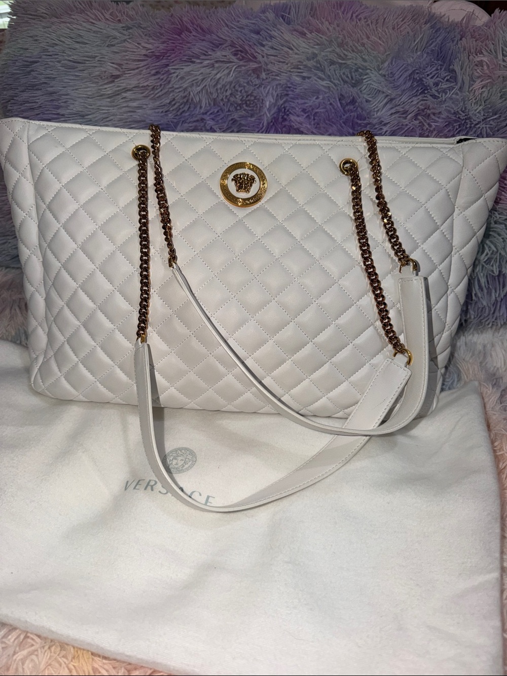 Versace White Quilted Shoulder Bag with Gold Medusa Emblem